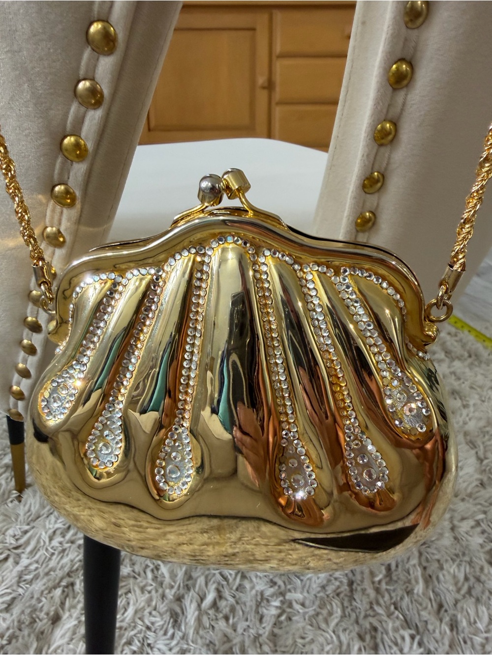 Gold Metallic Shell Clutch Rhinestones Vintage Luxury Rare